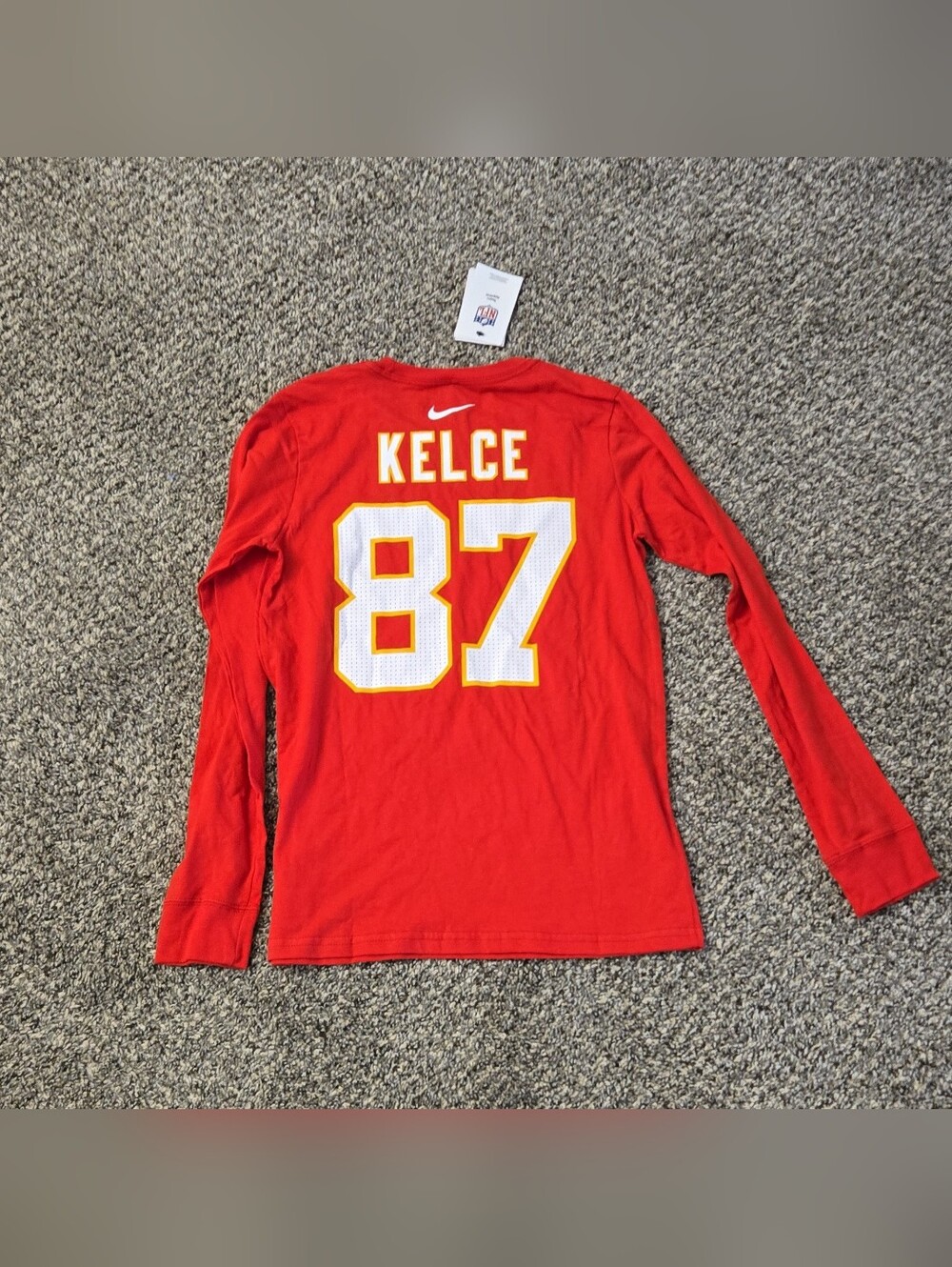 Kelce Nike Red Long Sleeve Jersey Top with White & Yellow 87